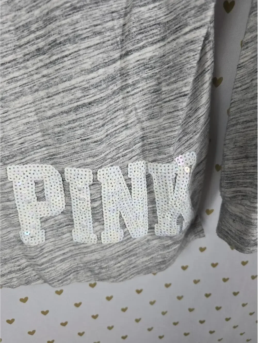 Victorias Secret PINK LOVE White Sequined BLING Long sleeve Tee Shirt Oversized - Picture 6 of 7